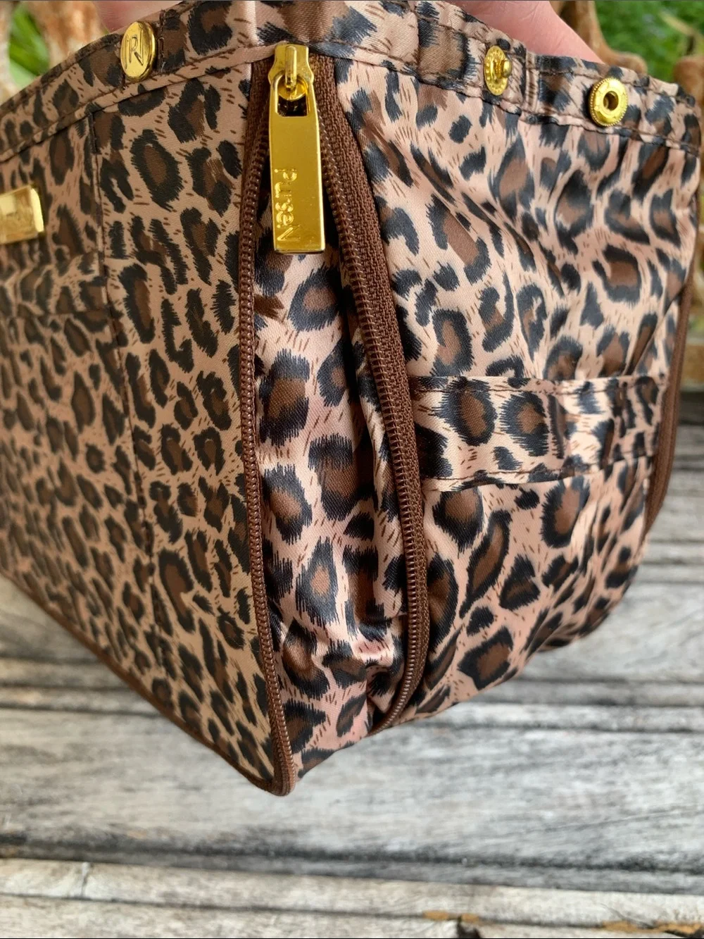 PurseN Leopard Print Cosmetic Organizer in Brown and Black with Gold Accents